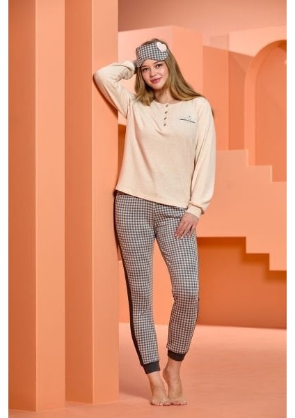 25061 Kadın Vanilya Ekose Desen Uzun Kol Pijama Takım