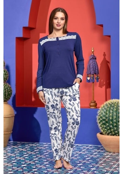 25177 Kadın Gece Mavisi Desenli Uzun Kol Modal Kumaş Büyük Beden Pijama Takımı