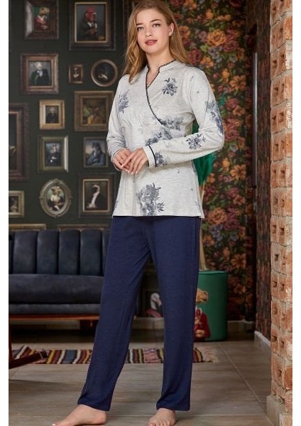 23028 Kadın Siyah Desenli Kruvaze Yaka Büyük Beden Pijama Takım