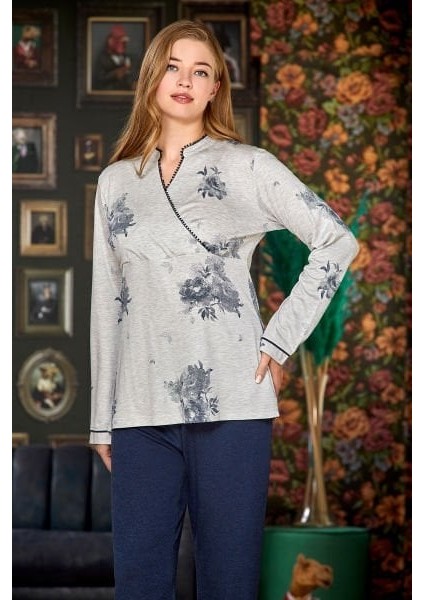 23028 Kadın Siyah Desenli Kruvaze Yaka Büyük Beden Pijama Takım