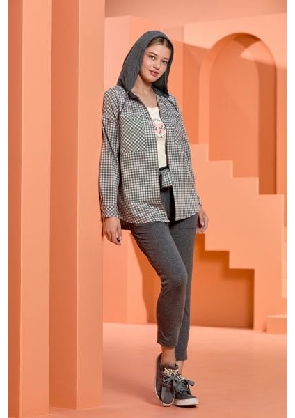 25060 Kadın Ekose Ceketli 3'lü Pijama Takımı