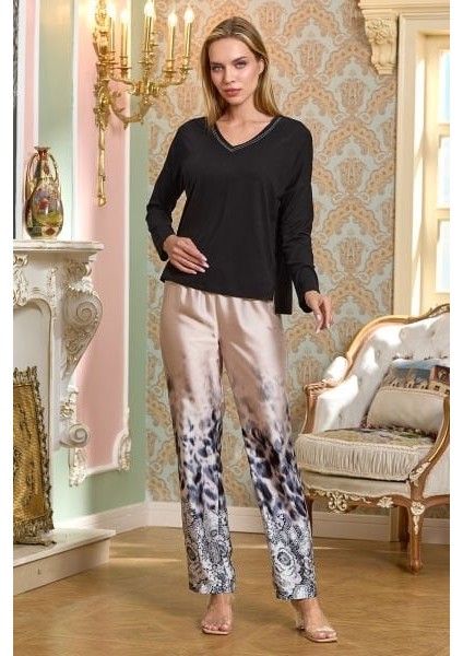 25163 Kadın Siyah Saten Desenli Uzun Kol Pijama Takım
