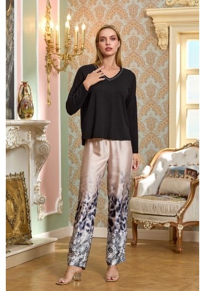 25163 Kadın Siyah Saten Desenli Uzun Kol Pijama Takım