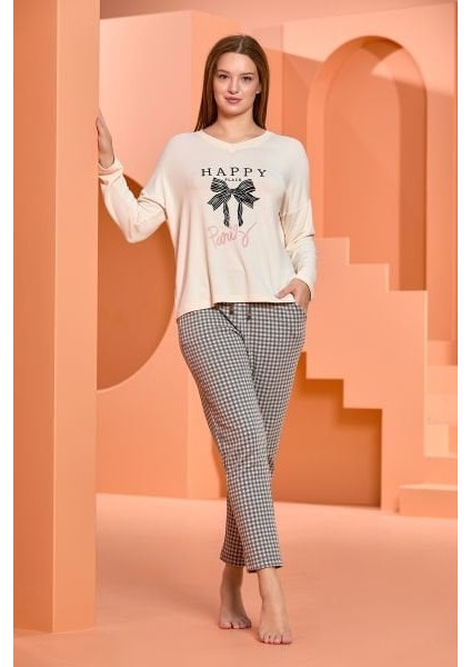25063 Kadın Vanilya Ekose Desen Baskı Detay Pijama Takımı