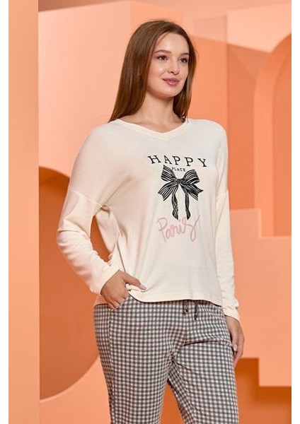 25063 Kadın Vanilya Ekose Desen Baskı Detay Pijama Takımı