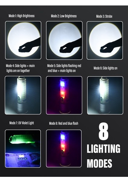Profesyonel LED Güçlü 8 Modlu Pe-C 1000 Lümen Polis Çakarlı Şarjlı El Feneri
