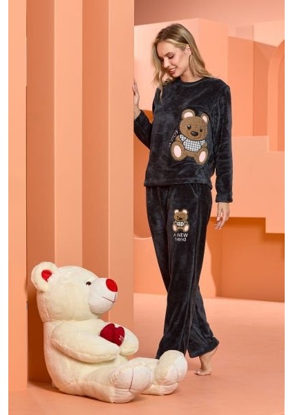 25064 Kadın Antrasit Sevimli Aplike Detay Welsoft Homewear Pijama Takım