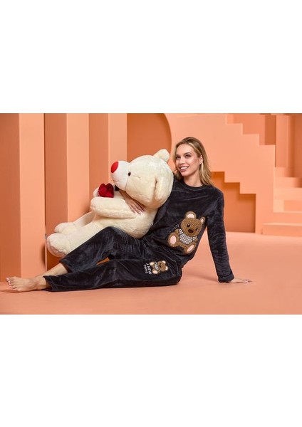 25064 Kadın Antrasit Sevimli Aplike Detay Welsoft Homewear Pijama Takım