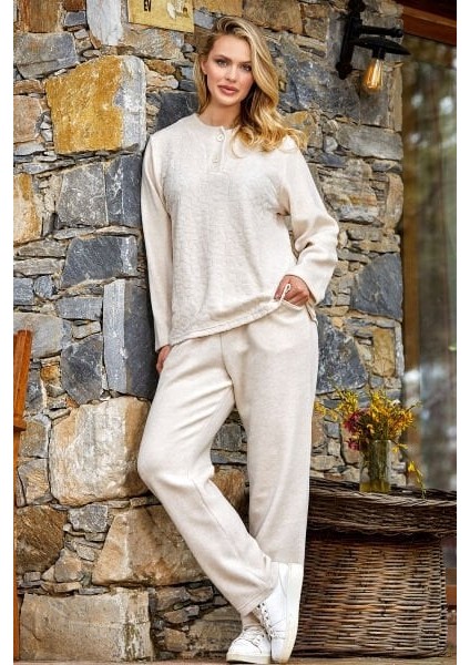 24062 Kadın Bej Melanj Polar Pijama Takımı
