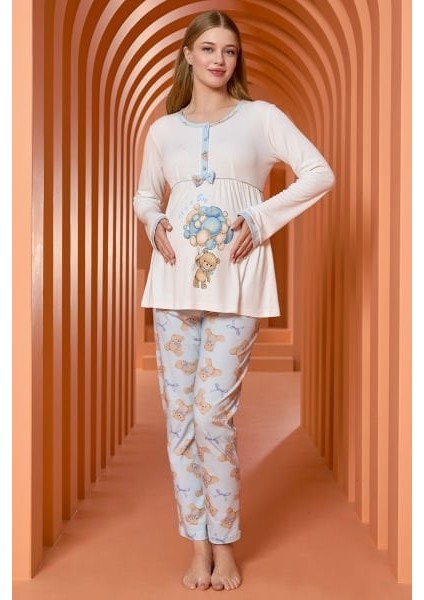 25124 Kadın Mavi Baskılı Uzun Kol Lohusa Pamuklu Pijama Takımı