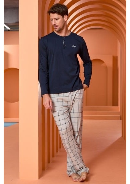 25417 Erkek Lacivert Uzun Kol Ekose Desen Pamuklu Erkek Pijama