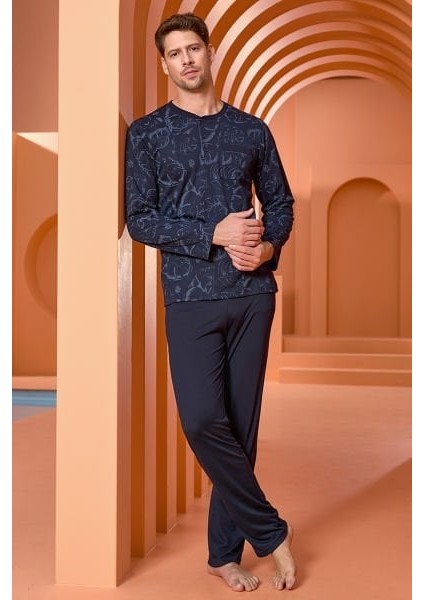 25457 Erkek Lacivert Desenli Uzun Kol Pijama Takımı