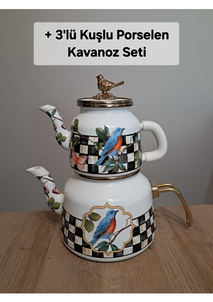 Retro Kuş Figürlü Emaye Çaydanlık Seti 1.3L + 2.6L – Şık Desenli, Emaye Kaplama