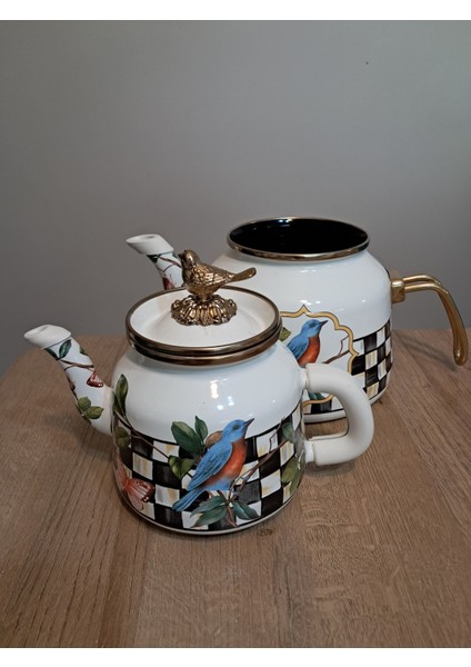 Retro Kuş Figürlü Emaye Çaydanlık Seti 1.3L + 2.6L – Şık Desenli, Emaye Kaplama