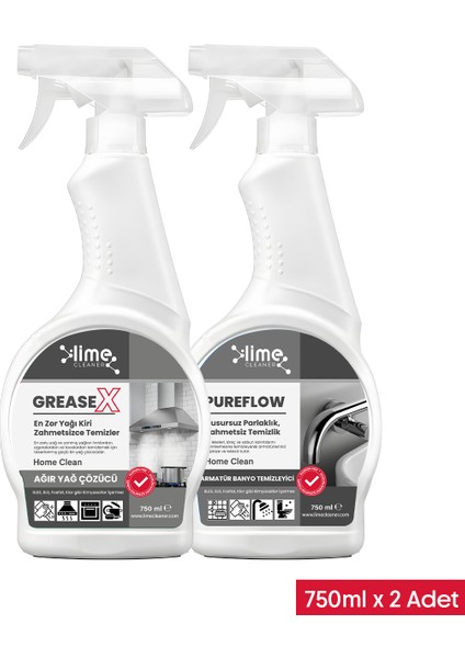 Pureflow Armatür Banyo Temizleyici Kireç Sökücü Ve greasex Güçlü Yağ Çözücü Sprey 2'li Paket Avantajlı Paket