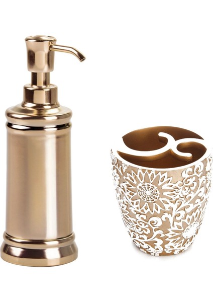 Sıvı Sabunluk,diş Fırçalık 2 Li Banyo Seti,altın Işlemeli