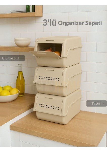 3'lü Set Organizer Erzak Kutusu Bpa Free Saklama Kutusu Soğanlık Sebzelik Sepet Krem 8 Lt x 3