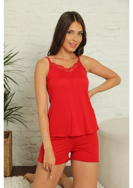 Kadın Dantel Detay Askılı Viskon Mini Şortlu Pijama Takımı