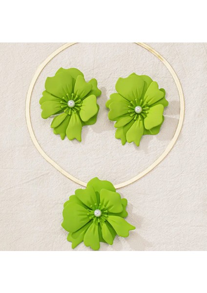 Büyük Çiçek Motifli Yeşil Renkli Kadın Kolye Küpe Set