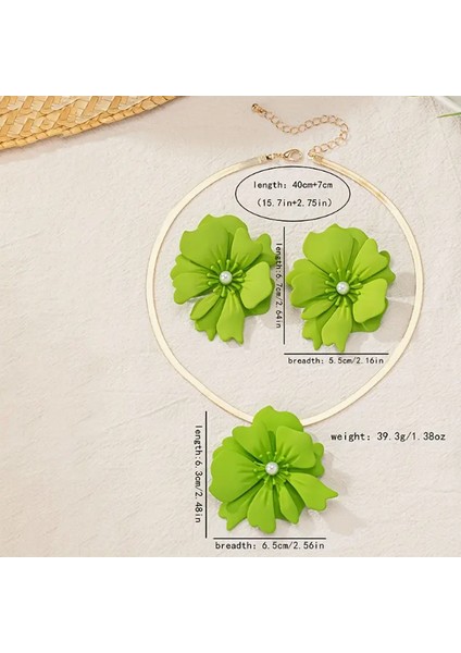 Büyük Çiçek Motifli Yeşil Renkli Kadın Kolye Küpe Set fiyatları