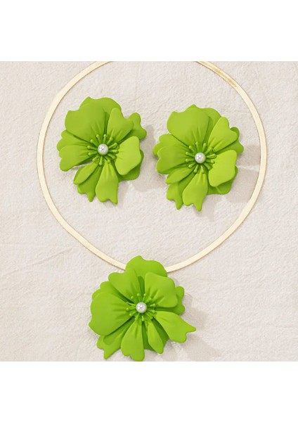 Büyük Çiçek Motifli Yeşil Renkli Kadın Kolye Küpe Set modelleri