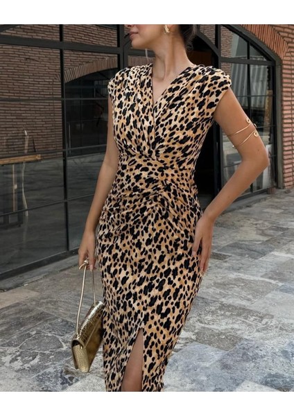 Leopar Desen Triko Elbise