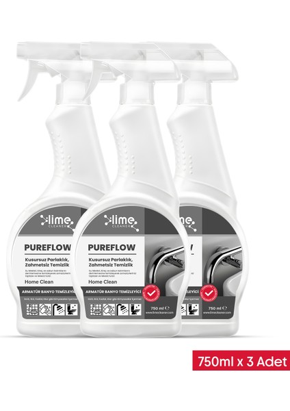 Pureflow Armatür Banyo Temizleyici Kireç ve Leke Sökücü - Kirece ve Lekelere Karşı Etkili Çözüm! 750 ml x 3 Adet