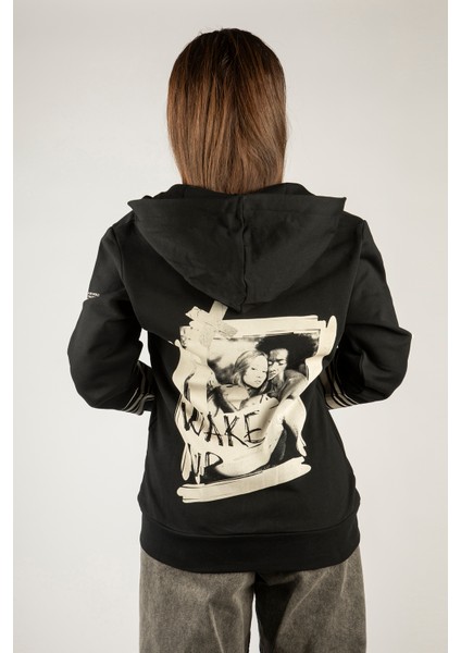Wake Up Fermuarlı Kapüşonlu Unisex Sweatshirt - Siyah Street Baskılı