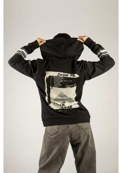 Show Meyour Code Fermuarlı Kapüşonlu Unisex Sweatshirt - Siyah Street Baskılı