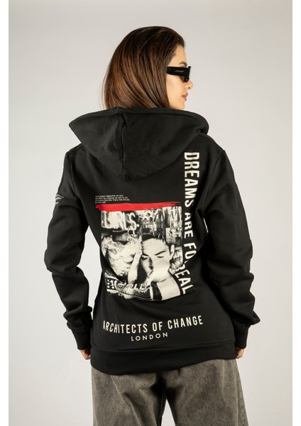 Dreams Are For Realfermuarlı Kapüşonlu Unisex Sweatshirt - Siyah Street Baskılı