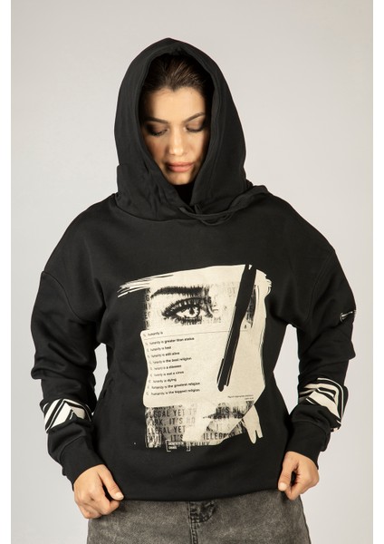 Humanity Baskılı Kapüşonlu Unisex Sweatshirt - Siyah %100 Organik Pamuk