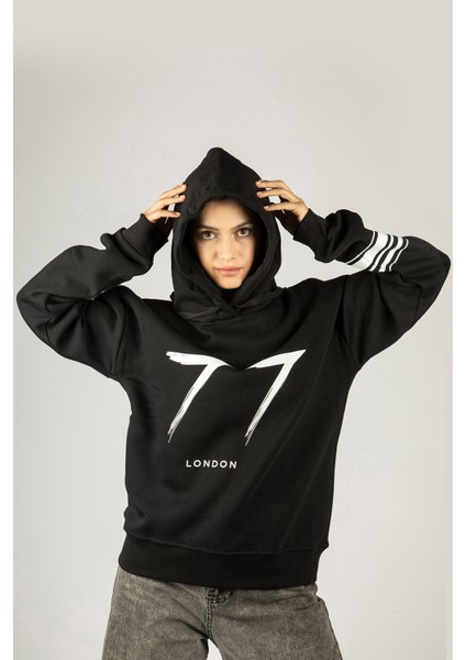 77 London Siyah Kapüşonlu Unisex Sweatshirt - Premium Pamuklu Kumaş
