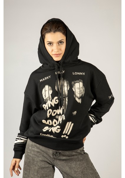 Good Fellas Baskılı Kapüşonlu Unisex Sweatshirt - Siyah %100 Organik Pamuk