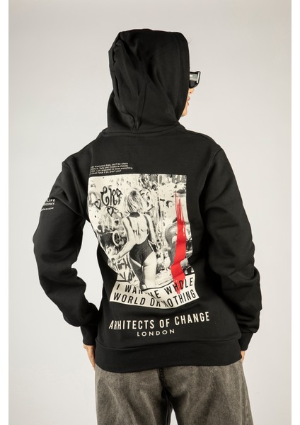 I Want The Whole World On Nothing Fermuarlı Kapüşonlu Unisex Sweatshirt - Siyah Street Baskılı