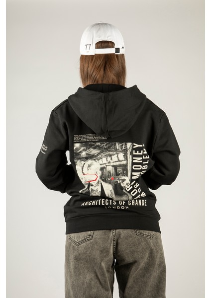 More Money More Problems Fermuarlı Kapüşonlu Unisex Sweatshirt - Siyah Street Baskılı