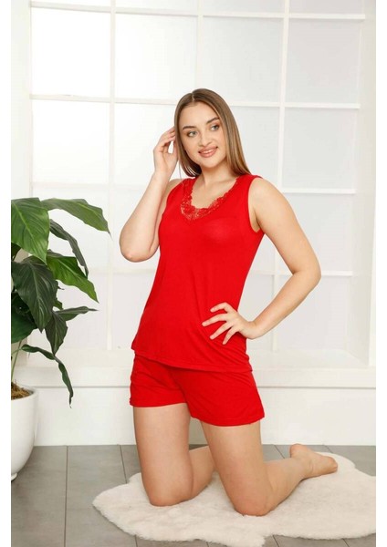 Kadın Dantel Detay Askılı Viskon Mini Şortlu Pijama Takımı