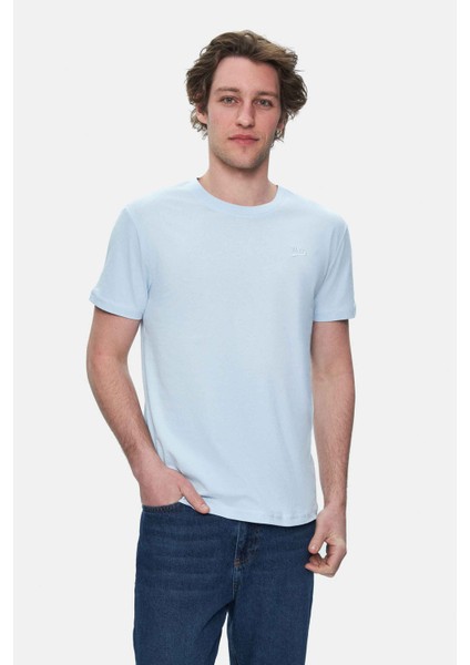 Harper Gök Mavi Bisiklet Yaka Nakışlı Standard Fit Erkek Tshirt