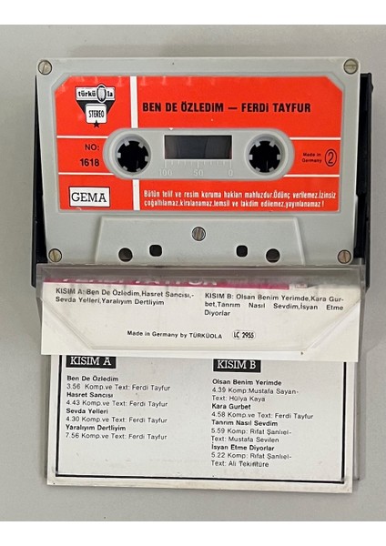 Ferdi Tayfur Ben De Özledim Türküola 1618 Alman Baskı Kaset (Orjinal Dönem Baskı)