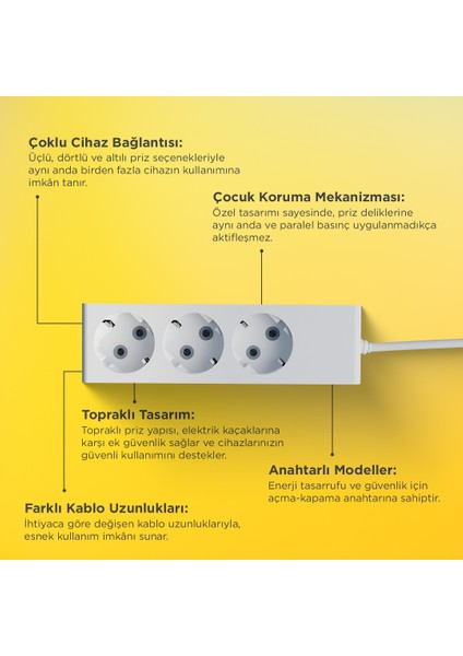 Üçlü Çocuk Korumalı Topraklı Grup Priz 3 Metre
