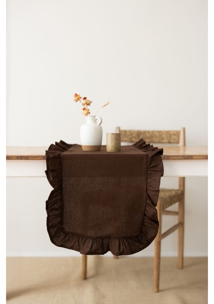 Rufle | Fırfırlı Keten Koyu Kahve Runner 40 x 110 cm