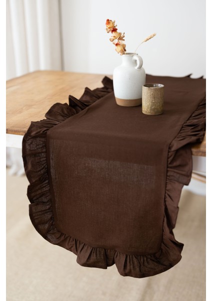 Rufle | Fırfırlı Keten Koyu Kahve Runner 40 x 110 cm