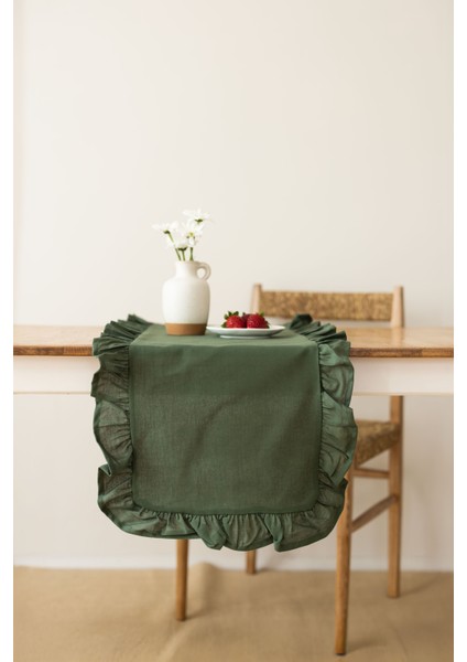 Rufle | Fırfırlı Keten Haki Runner 40 X 110 Cm