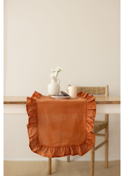 Rufle | Fırfırlı Keten Tarçın Runner 40 X 110 Cm