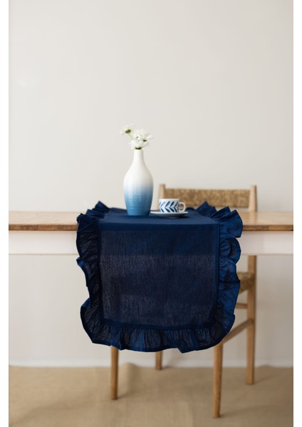 Rufle | Fırfırlı Keten Lacivert Runner 40 X 110 Cm