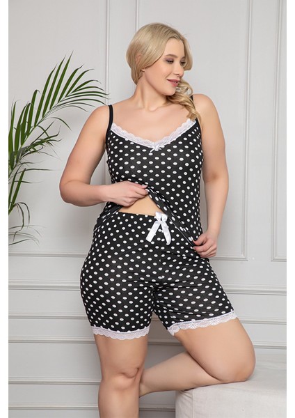 Kadın Siyah Puantiye Desenli Büstiyerli Dantel Detaylı Şortlu Pijama Takımı 20054