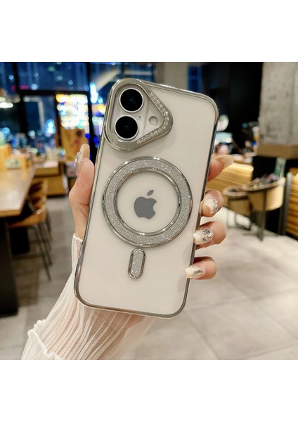 Apple iPhone 16 Pro Gümüş Elegance Taşlı Magsafe Telefon Kılıfı