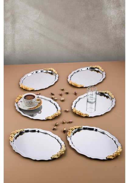 6 Adet Oval-Bulut Model Gül Motifli Kahve-Çay Sunum Tepsisi 25 cm x 20 Xm