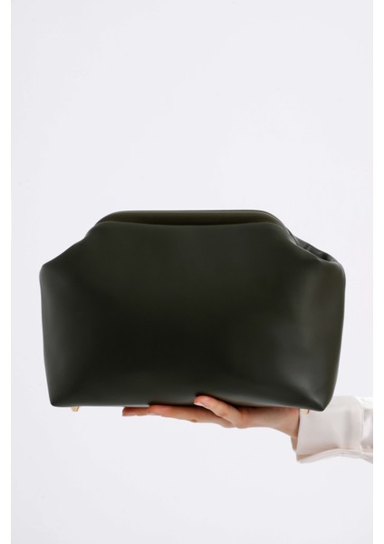 Kadın Haki Yeşil Deri Clutch El Çantası