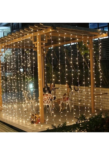 Güneş Enerjili Uzaktan Kumandalı Perde Peri Işıkları Bahçe Balkon Teras Çardak Aydınlatma 3x3 Metre