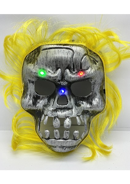 Sarı Saçlı LED Işıklı Kuru Kafa Iskelet Korku Maskesi 22 x 25 cm